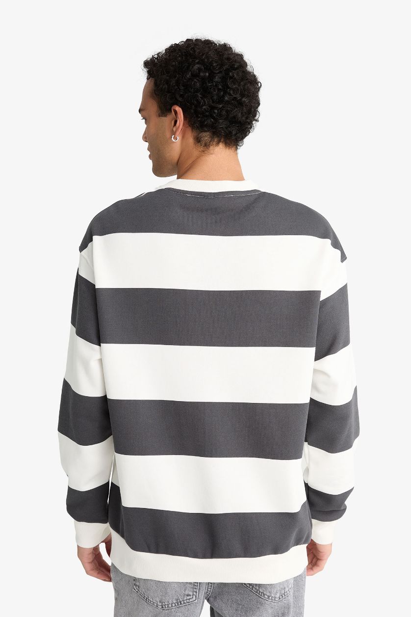 Erkek Antrasit Boxy Fıt Bisiklet Yaka Çizgili Sweatshirt