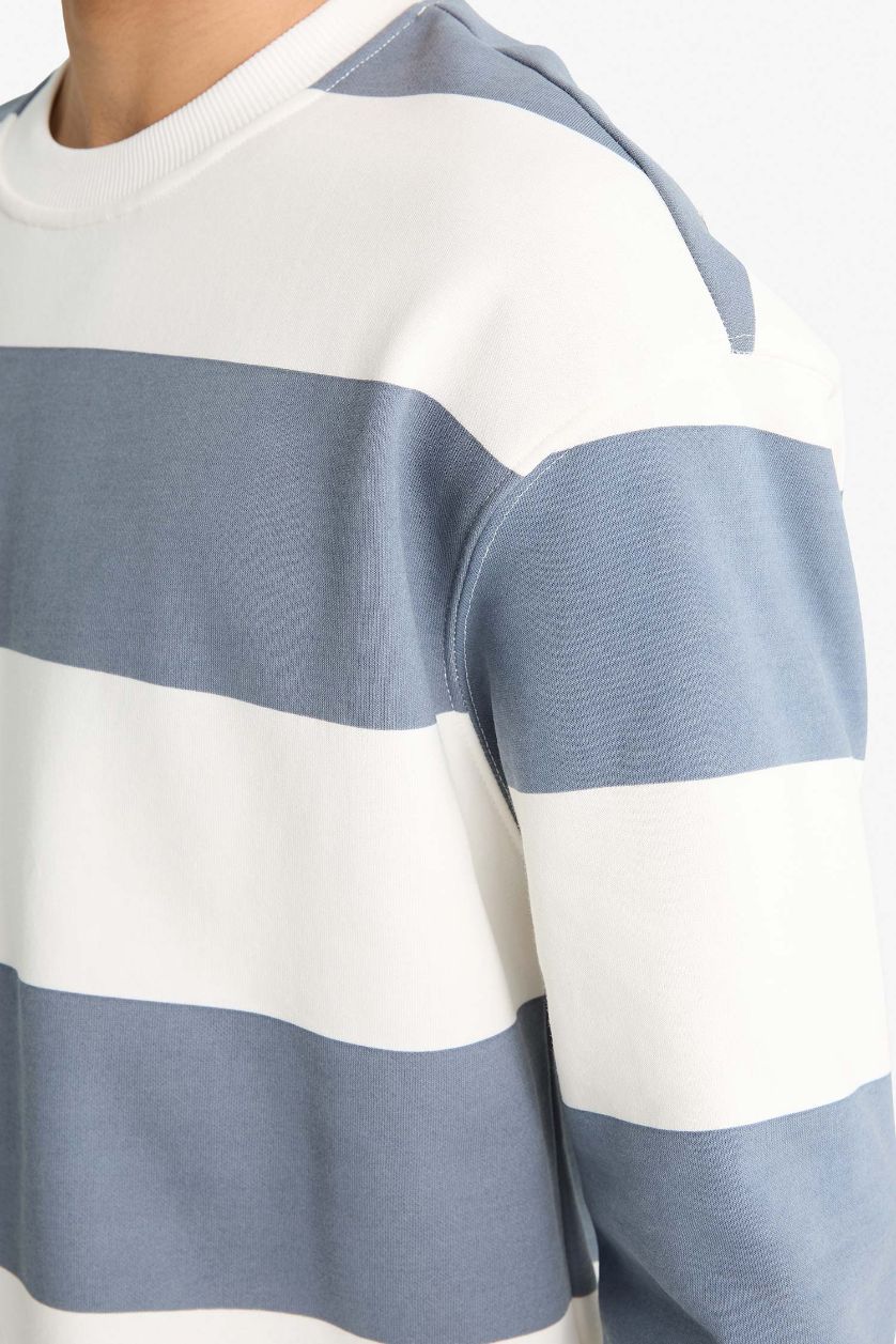 Erkek Gri Boxy Fıt Bisiklet Yaka Çizgili Sweatshirt