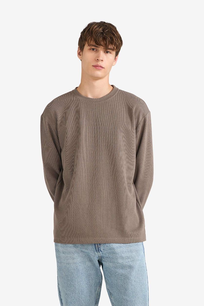 Erkek Açık Kahve Dokulu Triko Görünümlü Tişört