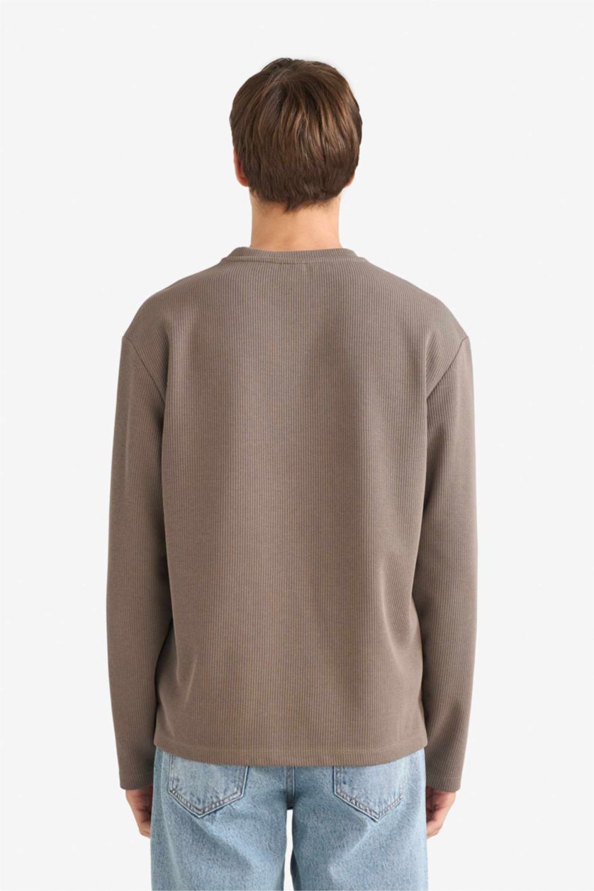 Erkek Açık Kahve Dokulu Triko Görünümlü Tişört