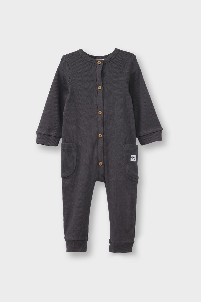 Erkek Bebek Antrasit Fitilli Kaşkorse Düğmeli Uzun Kollu Tulum Erkek Bebek Yenidoğan