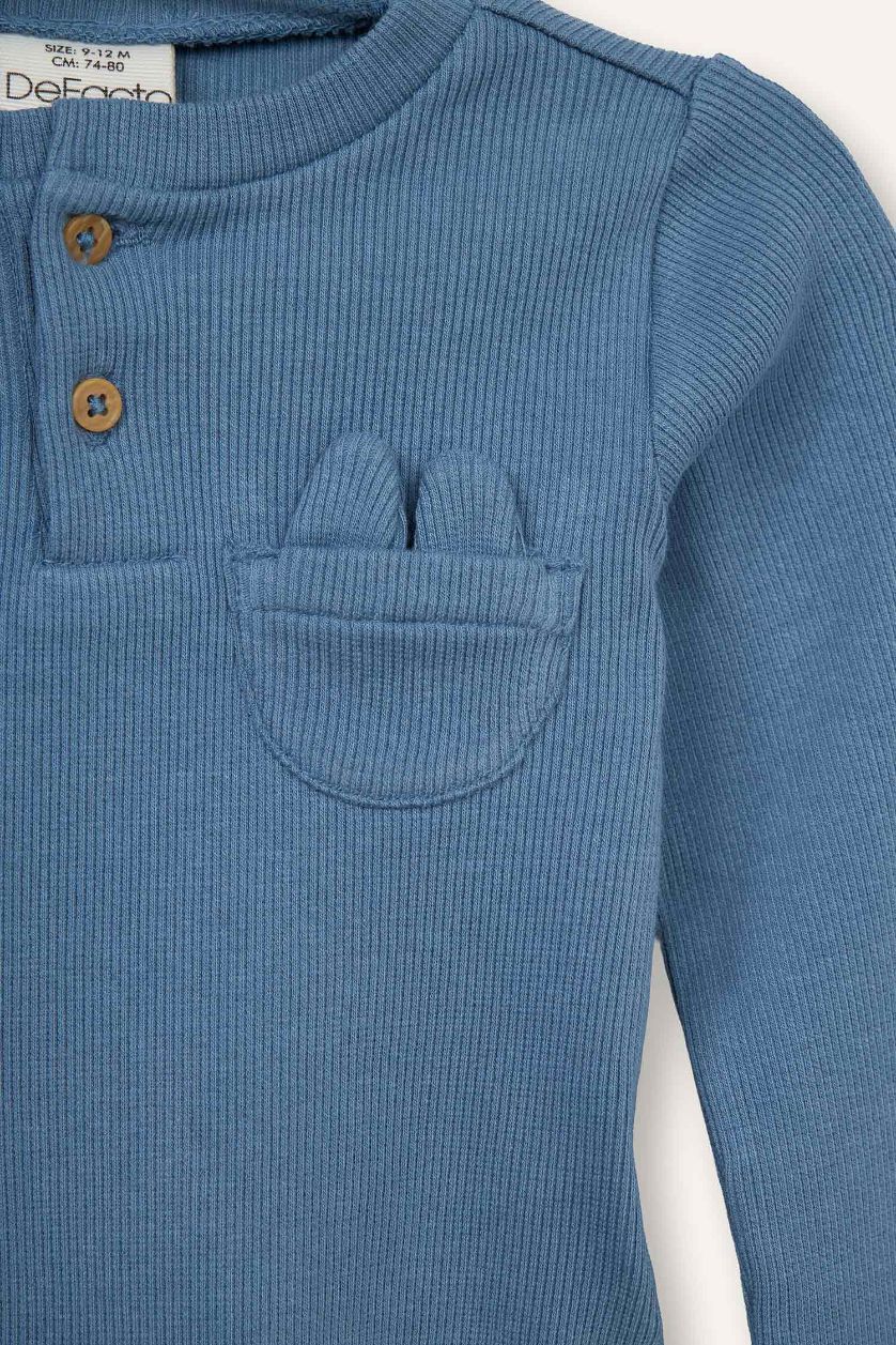 Erkek Bebek Mavi 2'li Takım Fitilli Kaşkorse Uzun Kollu Tişört Eşofman Altı Erkek Bebek