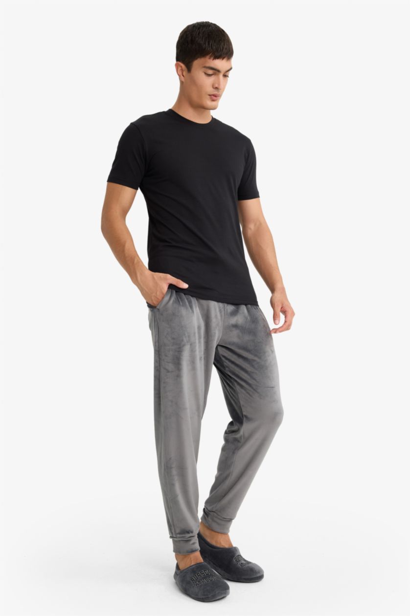 Erkek Koyu Antrasit Regular Fit Cepli Kadife Pijama Altı