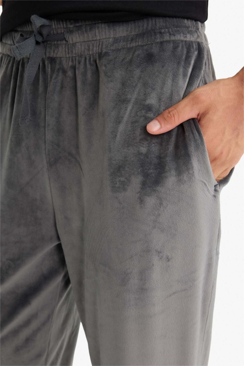 Erkek Koyu Antrasit Regular Fit Cepli Kadife Pijama Altı