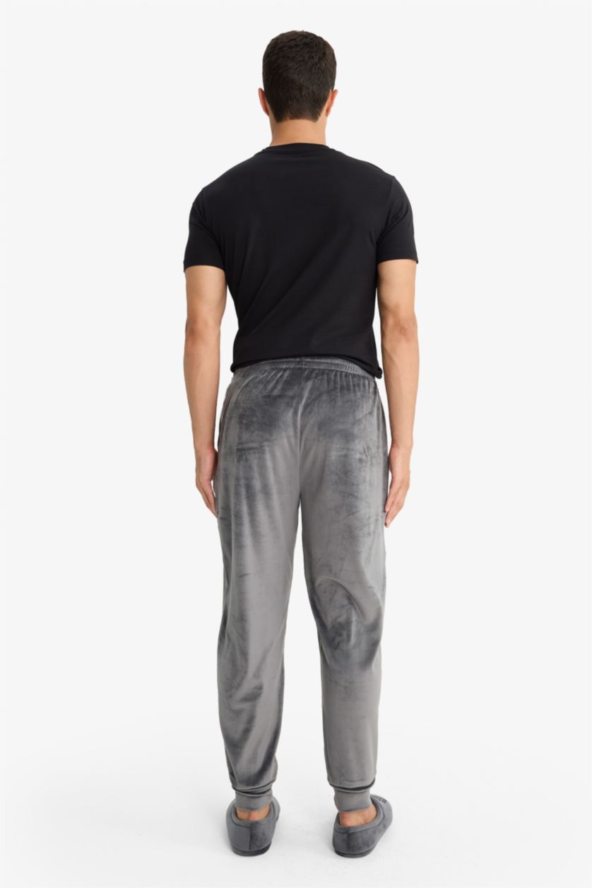 Erkek Koyu Antrasit Regular Fit Cepli Kadife Pijama Altı