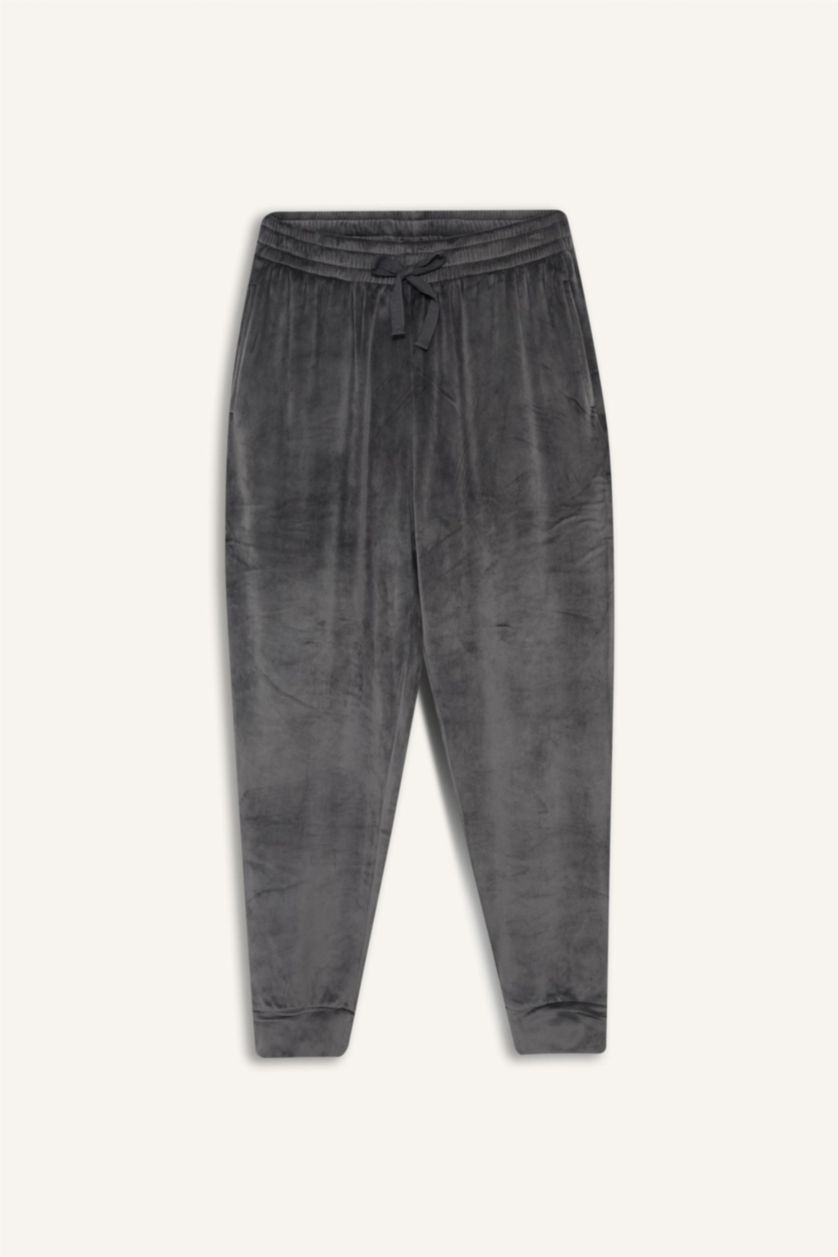 Erkek Koyu Antrasit Regular Fit Cepli Kadife Pijama Altı