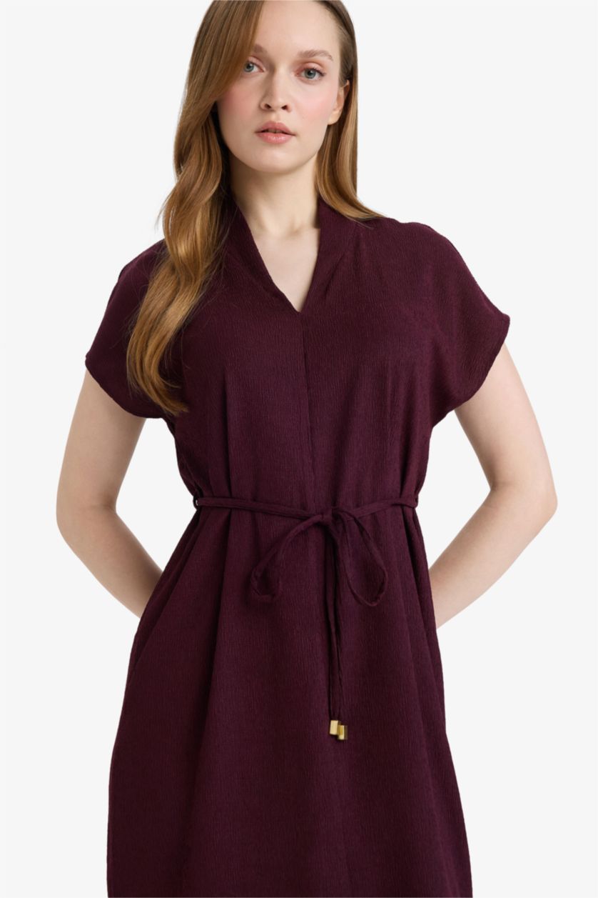 Женщины Бордовый Платье с коротким рукавом стандартного кроя с V-образным вырезом