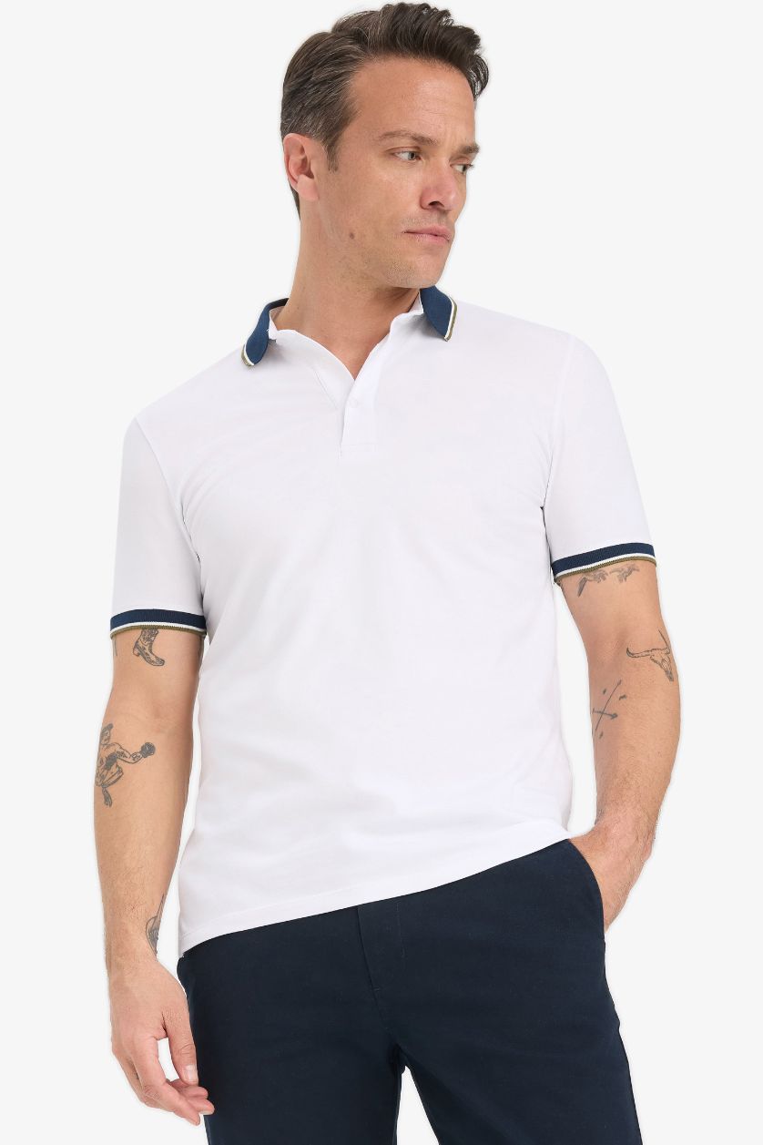 Erkek Beyaz Slim Fit Dar Kesim Polo Yaka Basic Düz Kısa Kollu Tişört