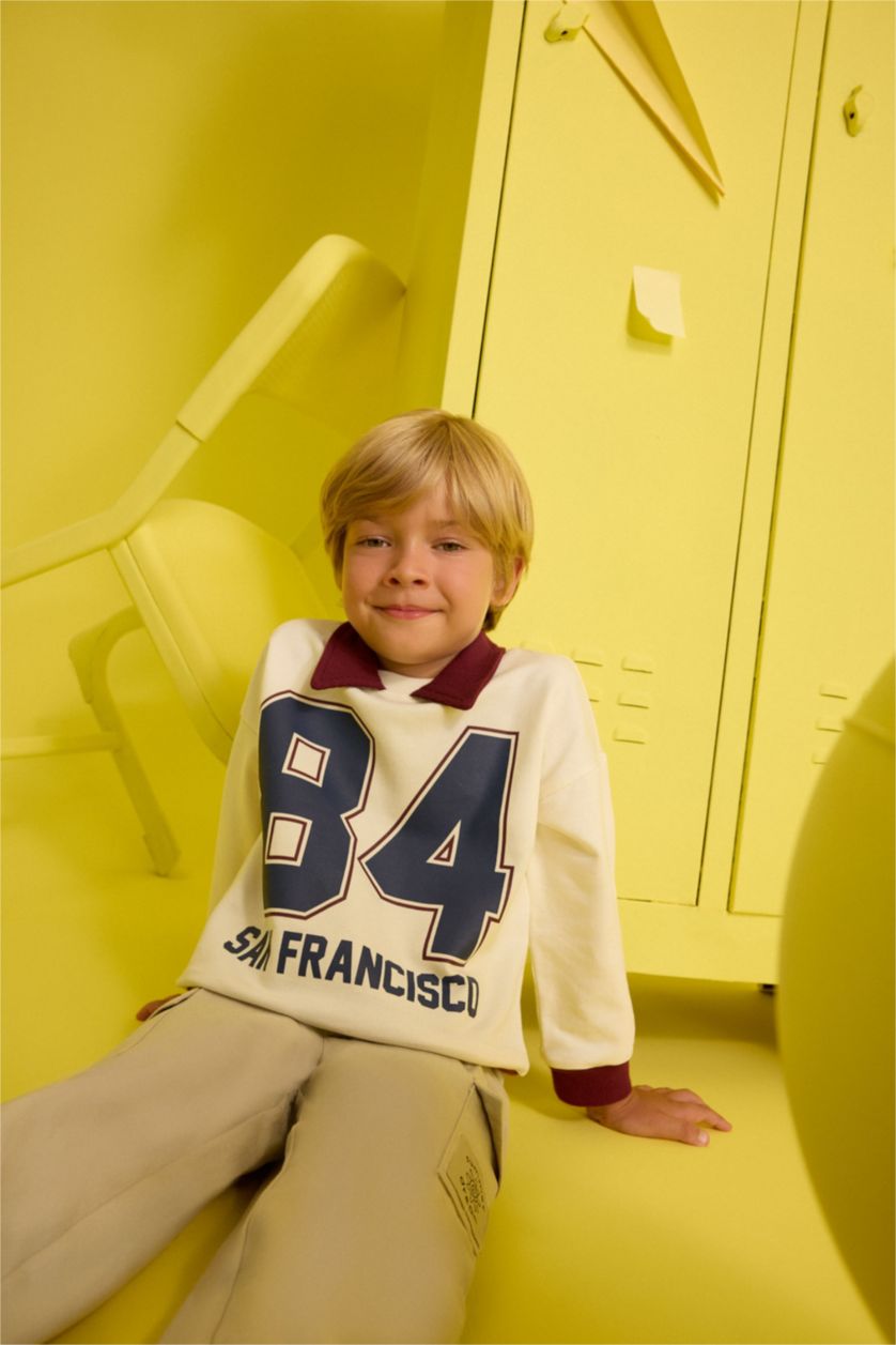 BABY BOY Ecru Baby Boy Shirt Collar Printed Sweatshirt