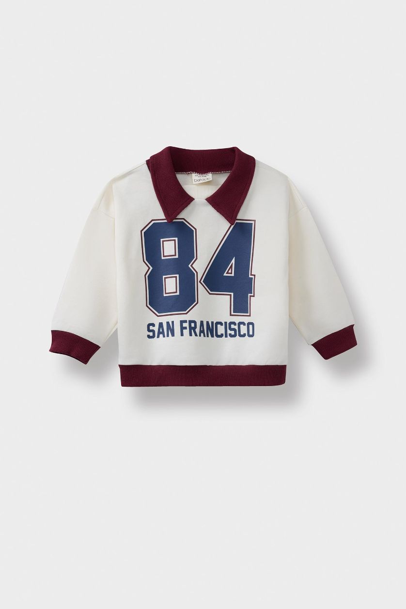 BABY BOY Ecru Baby Boy Shirt Collar Printed Sweatshirt