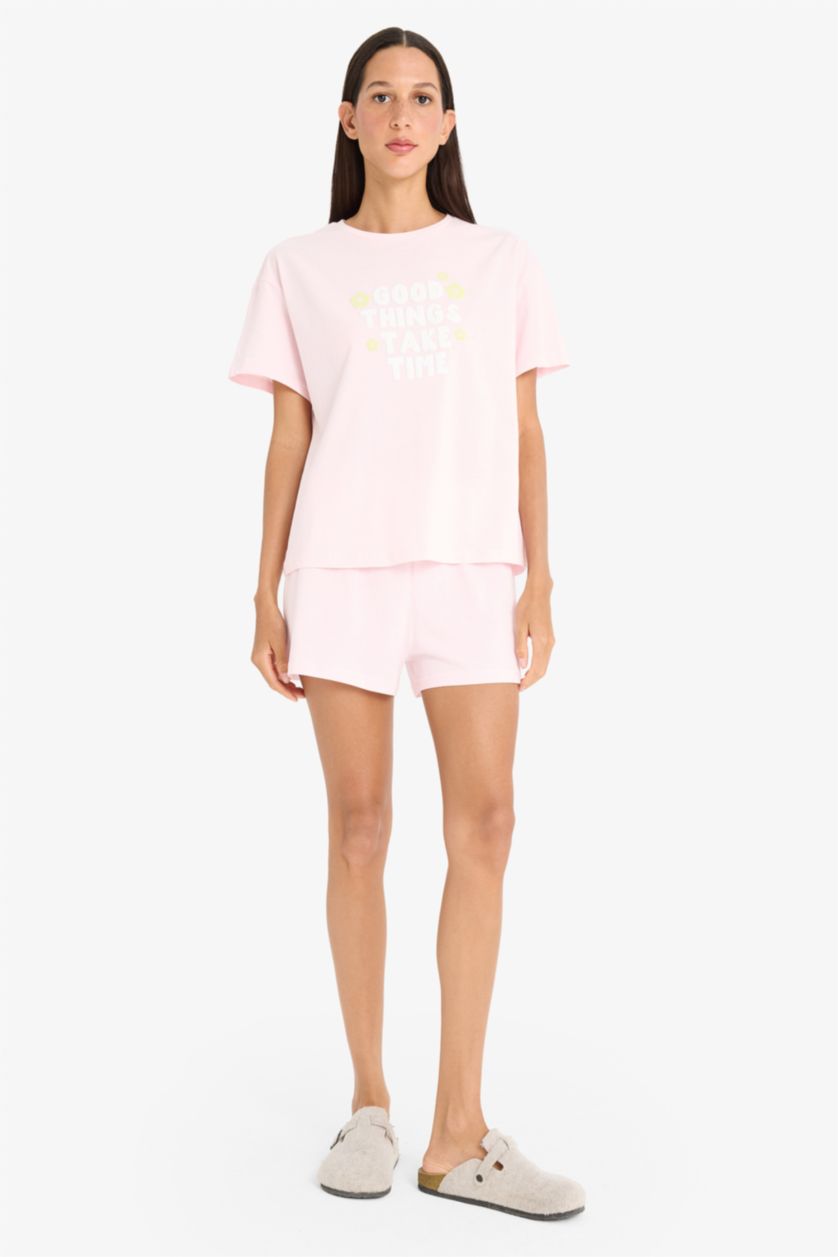 Kadın Açık Pembe Pijama Takımı Kısa Kollu Üst Beli Lastikli Şort