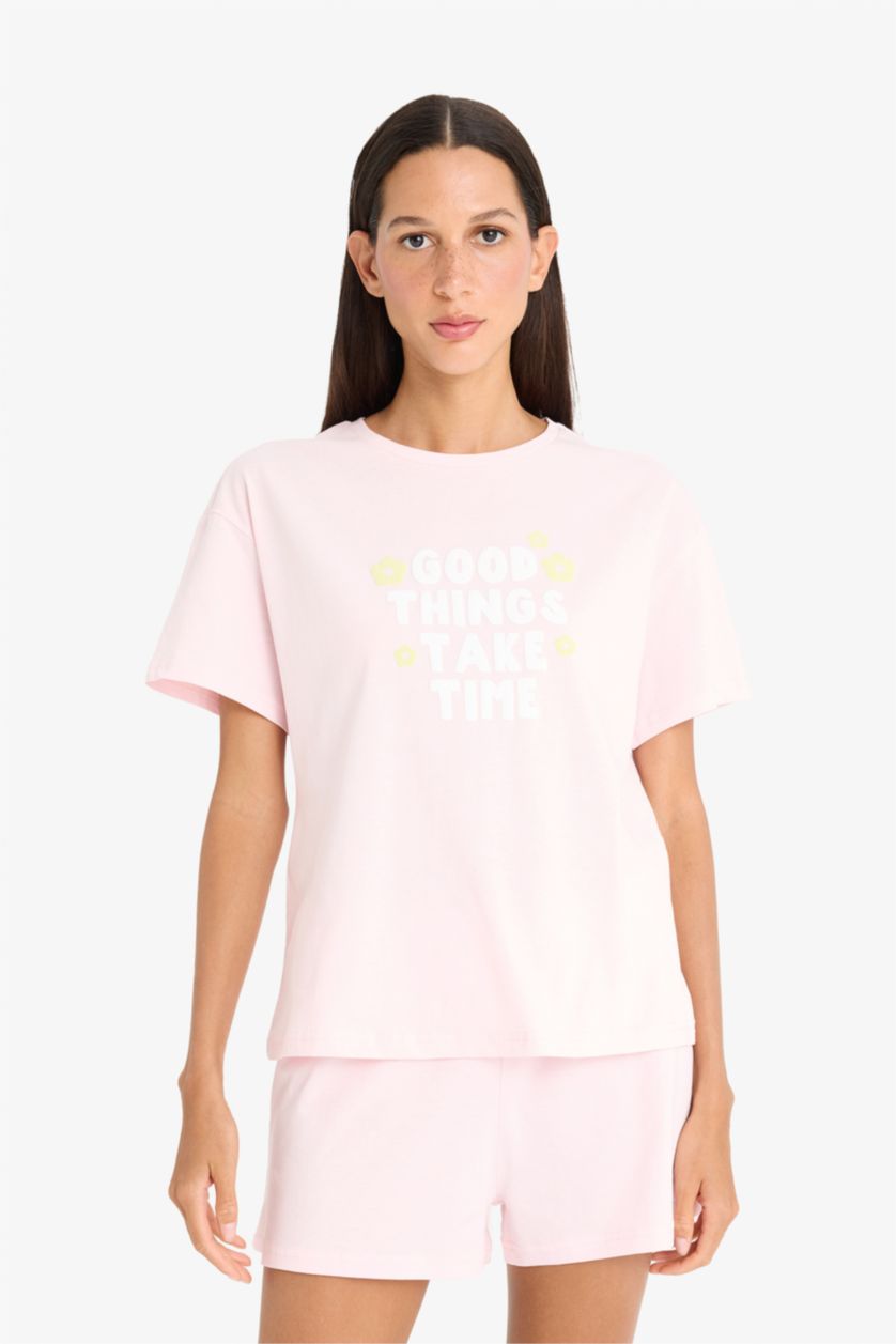 Kadın Açık Pembe Pijama Takımı Kısa Kollu Üst Beli Lastikli Şort