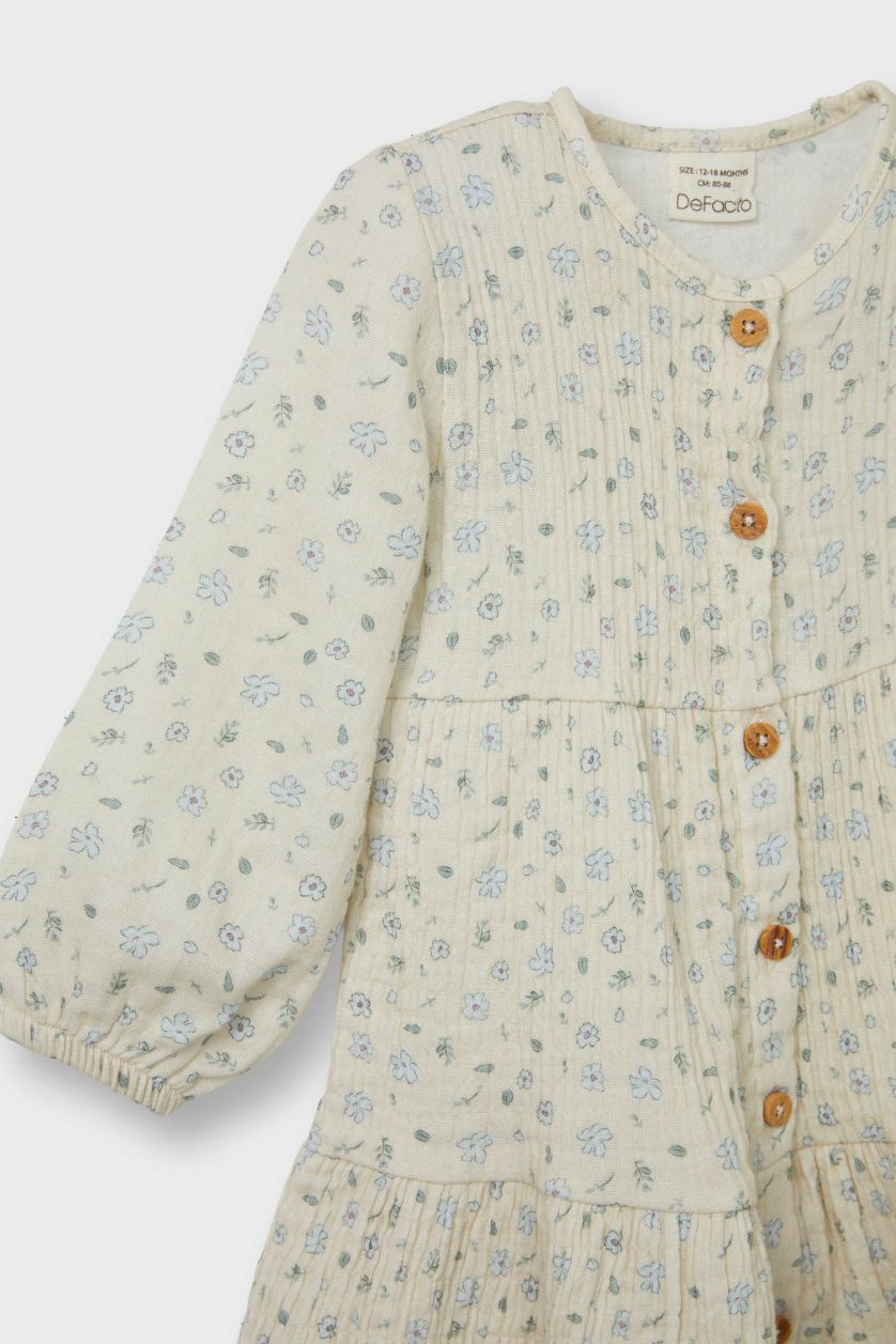 طفلة صغيرة اللون الحجري فستان فلورال مجعد قصة عادية بياقة مستديرة