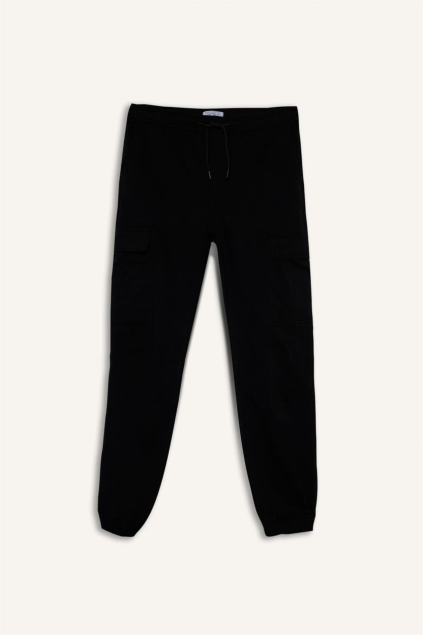 Erkek Siyah Regular Fit Beli Bağcıklı Kargo Cepli Jogger Pantolon