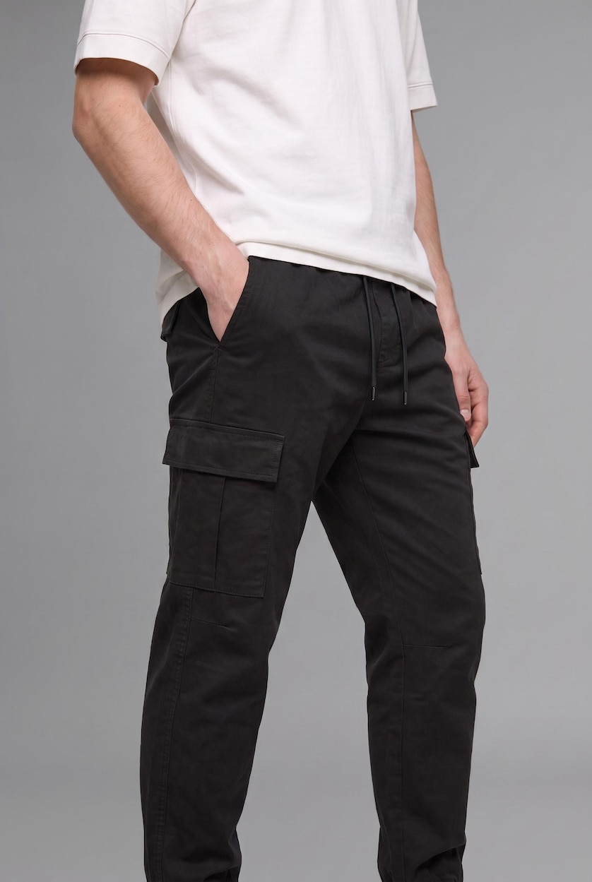 MAN Black Regular Fit Drawstring Waist Cargo Jogger Pants
