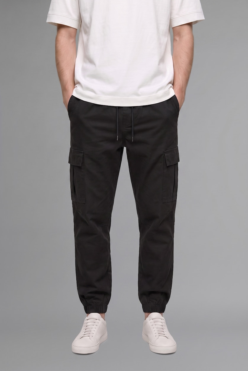 MAN Black Regular Fit Drawstring Waist Cargo Jogger Pants