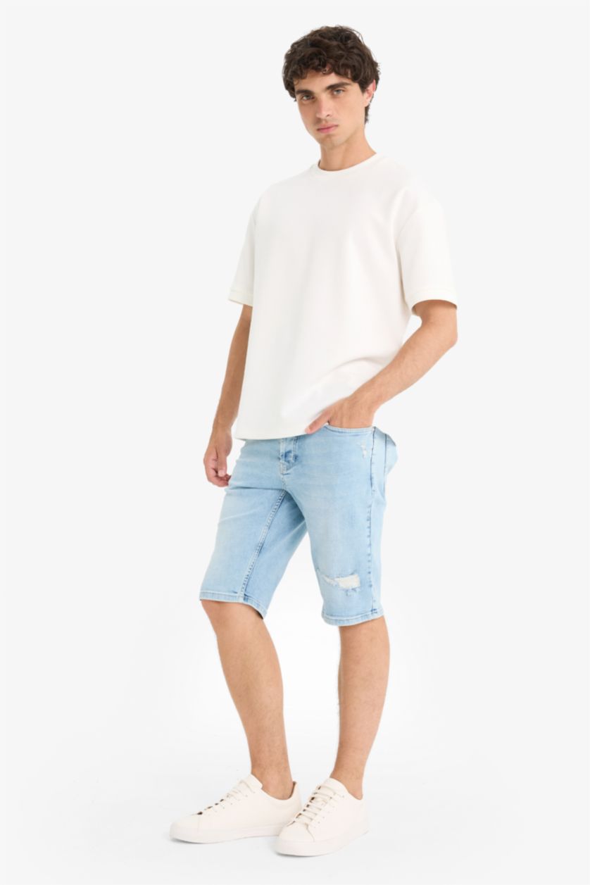Man Light Blue Slim Fit Denim Bermuda Shorts