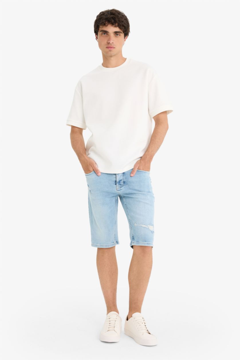 Man Light Blue Slim Fit Denim Bermuda Shorts