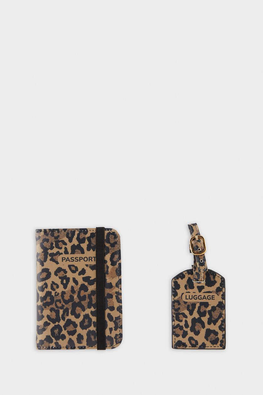 Kadın Karma Kadın Leopar Desenli Suni Deri Pasaportluk ve Valiz İsimliği Set