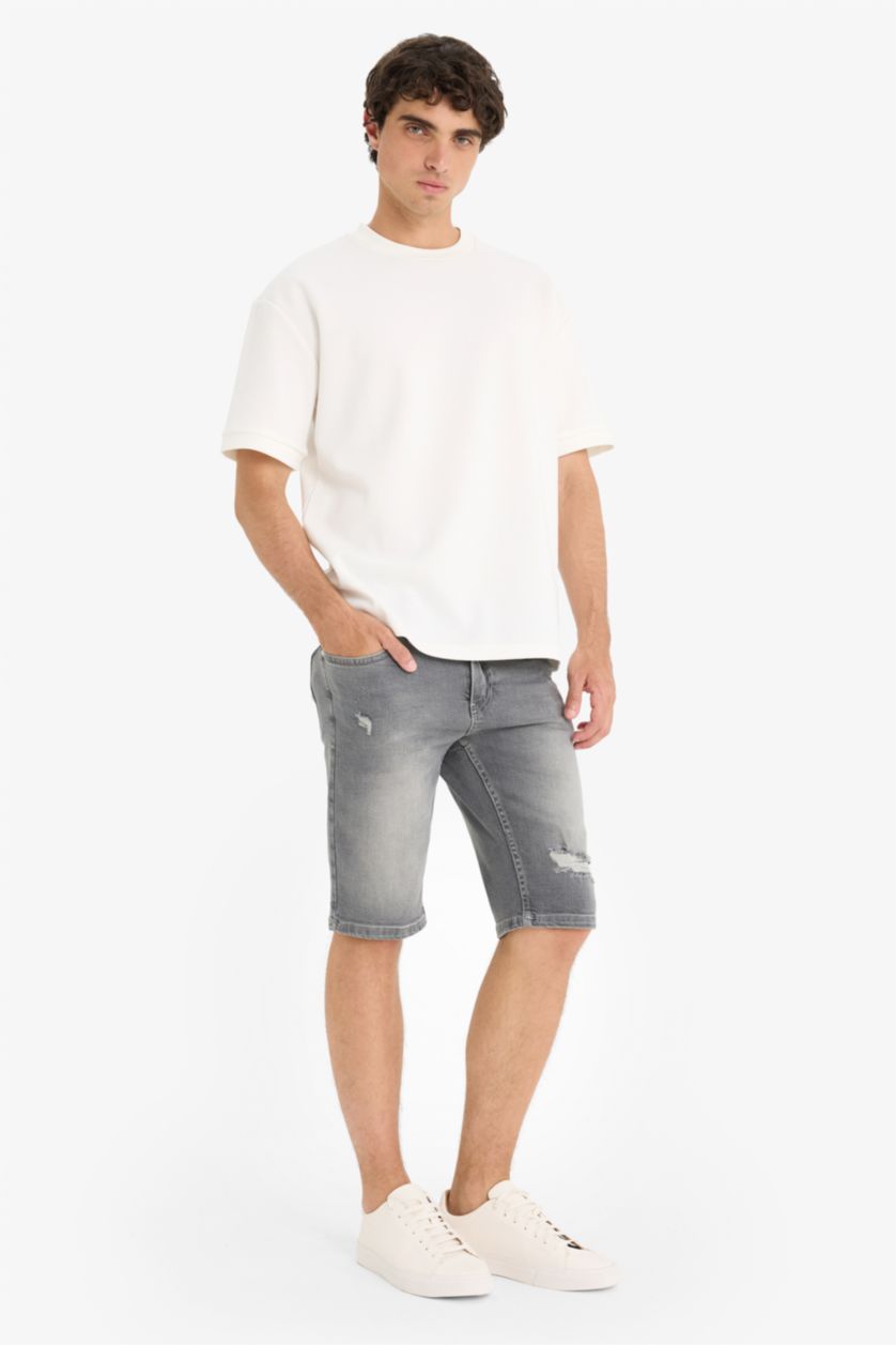MAN Light Grey Slim Fit Denim Bermuda Shorts