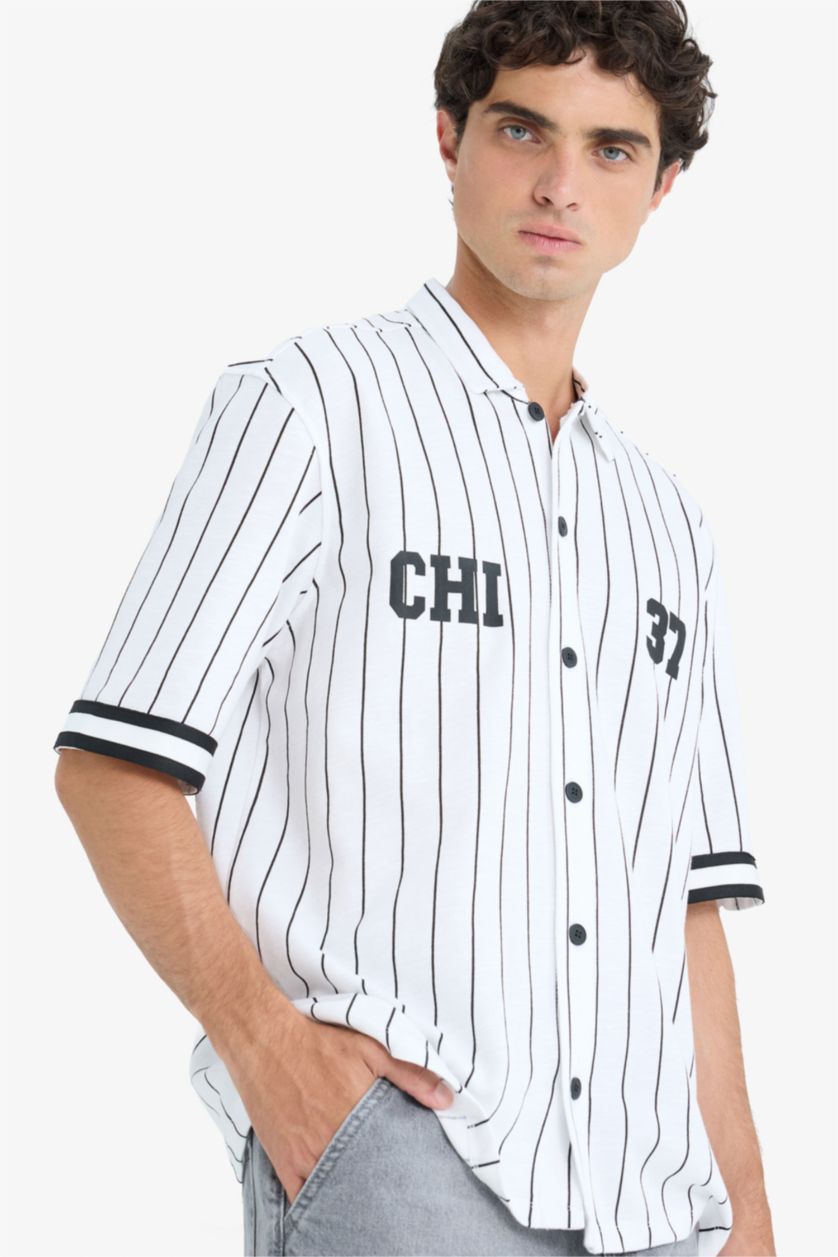 Erkek Ekru Relax Fıt Polo Yaka Baskılı Kısa Kollu Gömlek