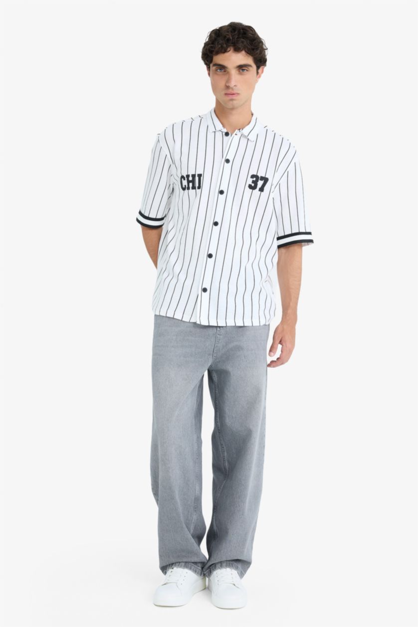 Erkek Ekru Relax Fıt Polo Yaka Baskılı Kısa Kollu Gömlek