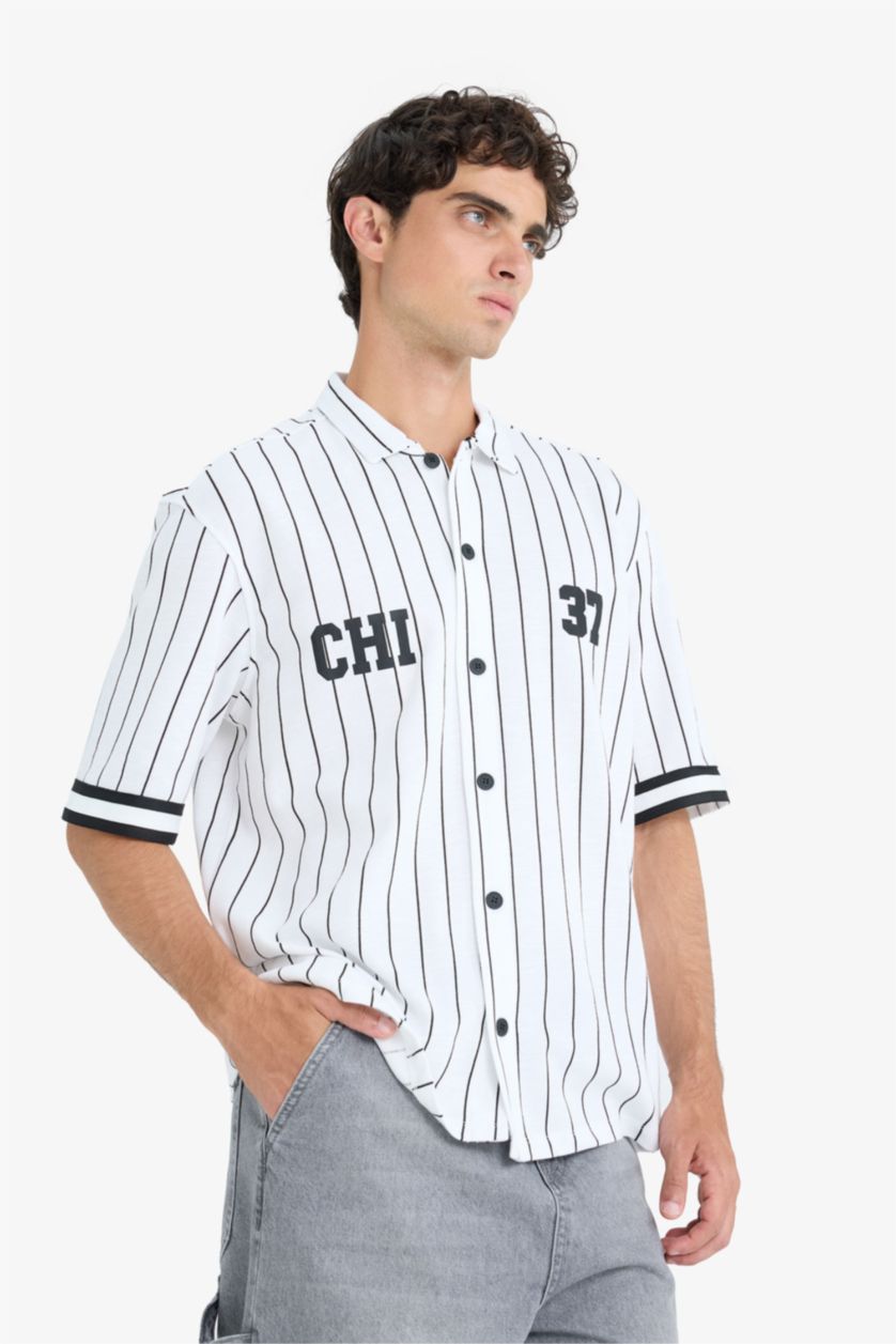 Erkek Ekru Relax Fıt Polo Yaka Baskılı Kısa Kollu Gömlek