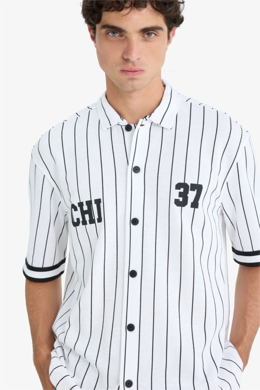 Erkek Ekru Relax Fıt Polo Yaka Baskılı Kısa Kollu Gömlek