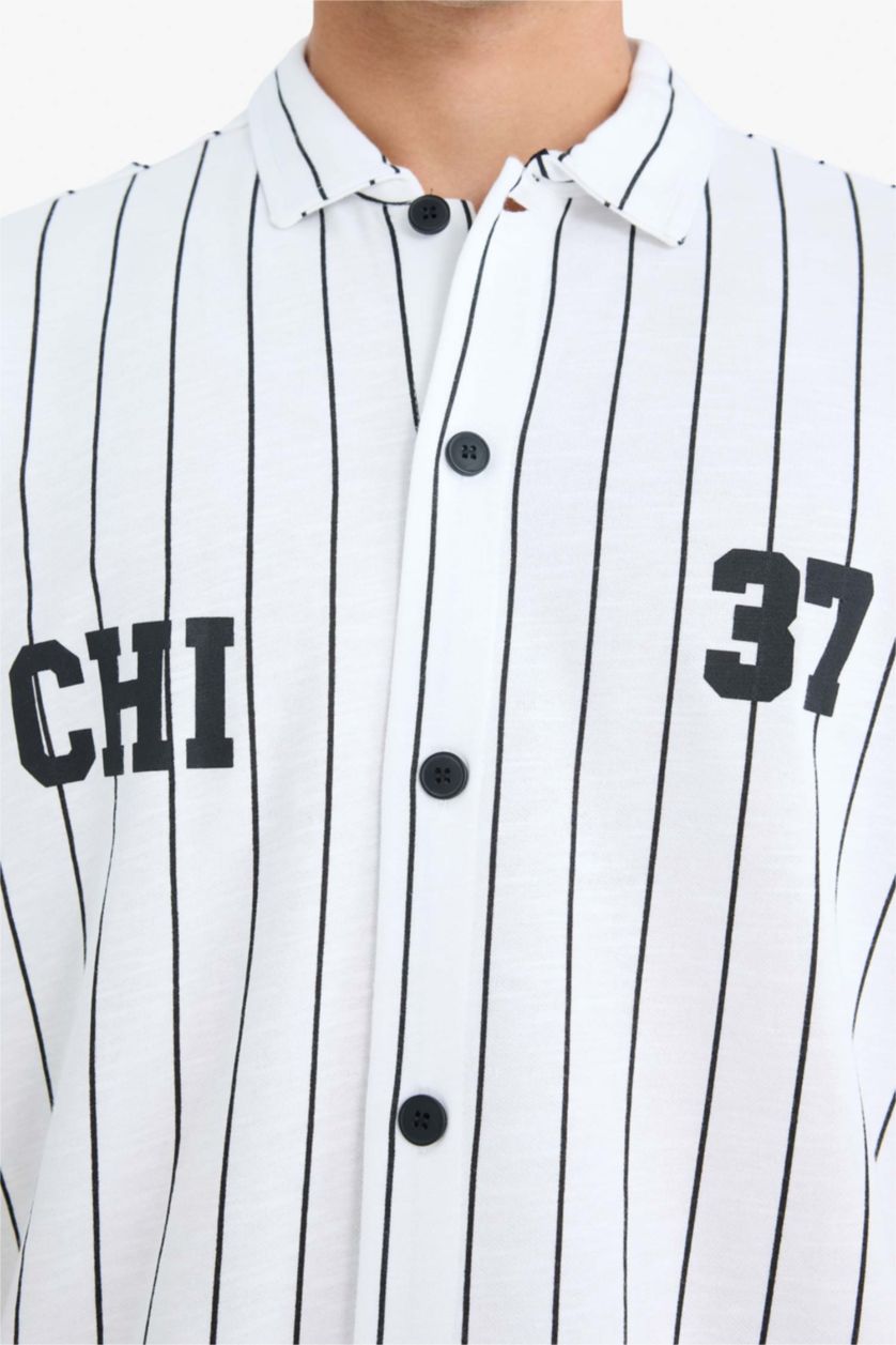 Erkek Ekru Relax Fıt Polo Yaka Baskılı Kısa Kollu Gömlek