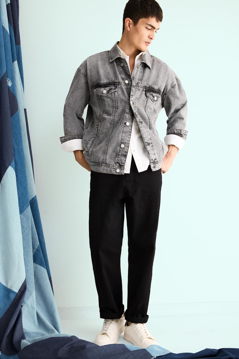 Erkek Açık Gri Oversize Geniş Kalıp Düğmeli Denim Ceket