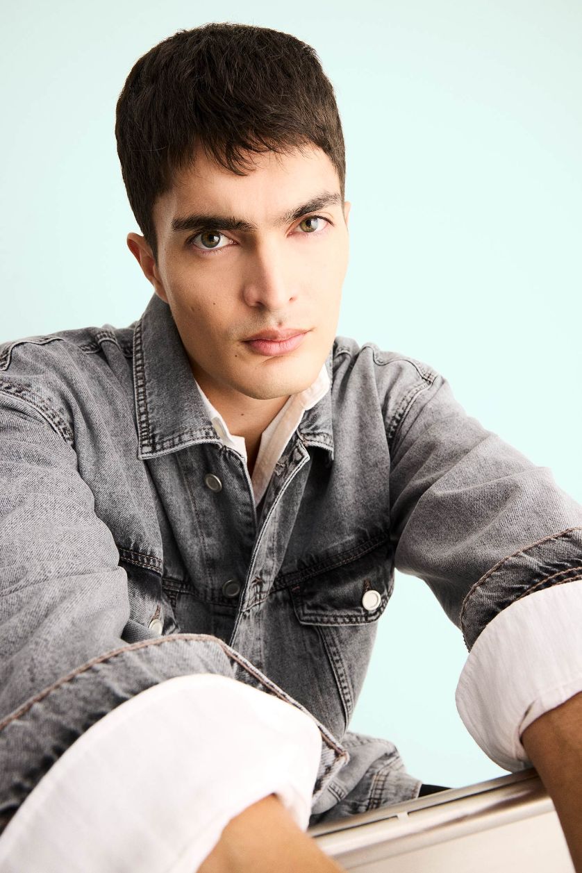 Erkek Açık Gri Oversize Geniş Kalıp Düğmeli Denim Ceket