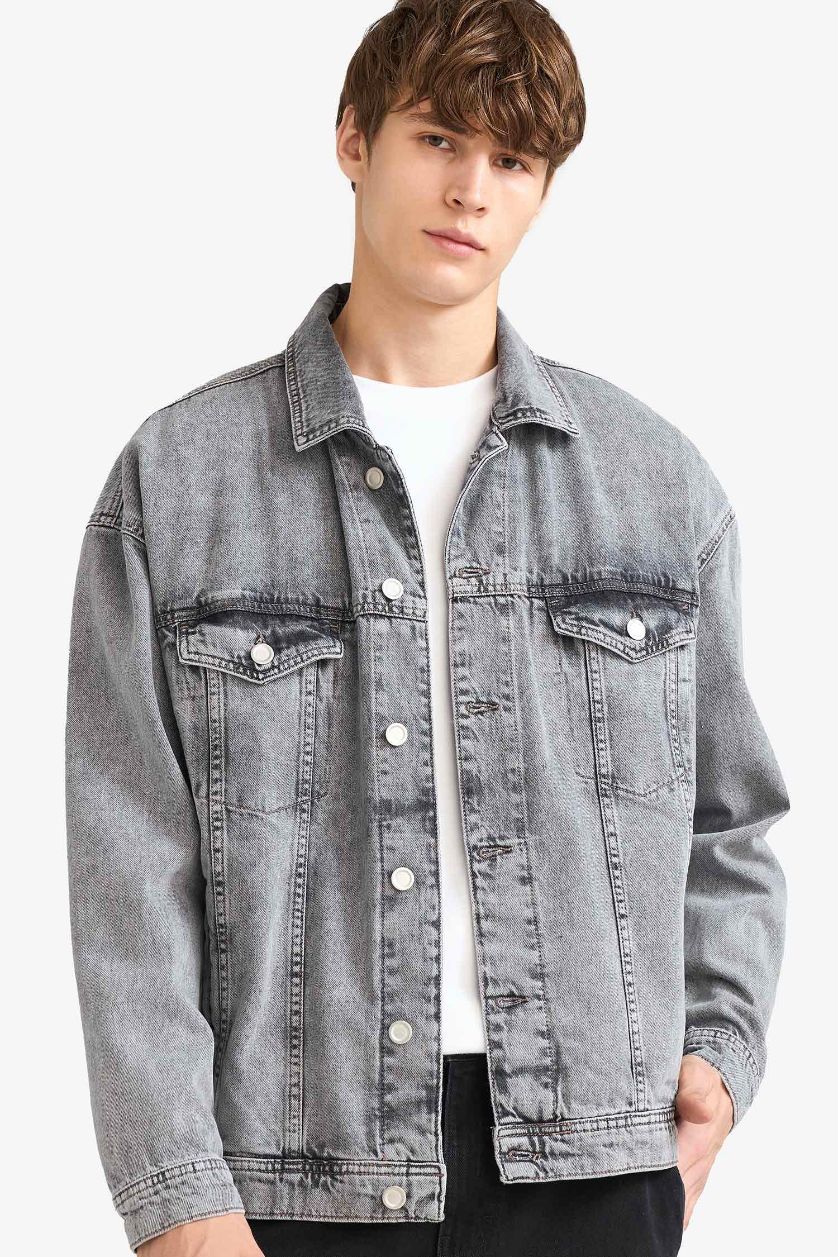 Erkek Açık Gri Oversize Geniş Kalıp Düğmeli Denim Ceket