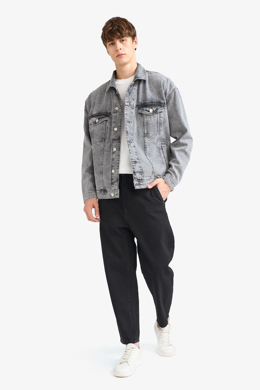 Erkek Açık Gri Oversize Geniş Kalıp Düğmeli Denim Ceket
