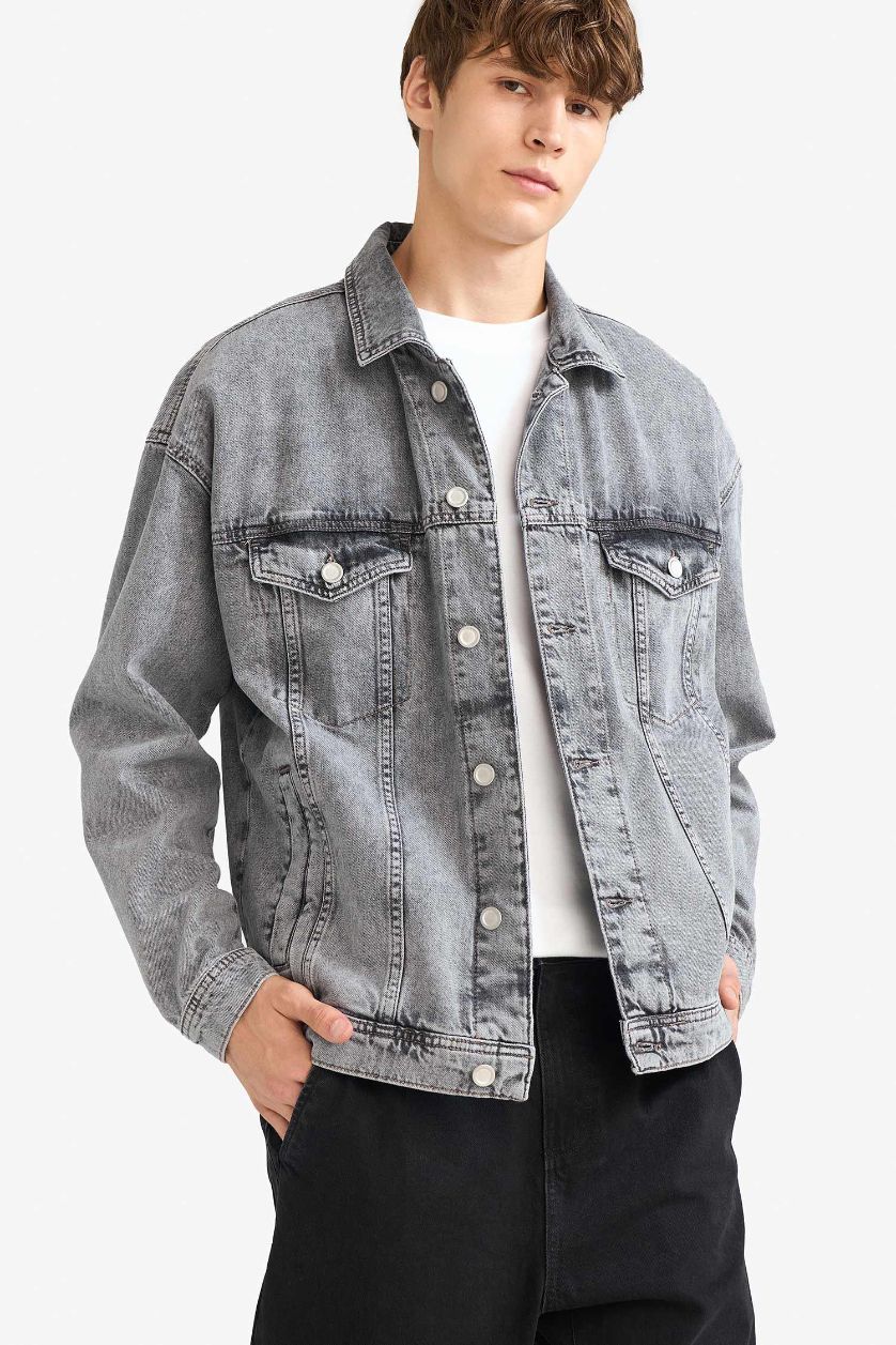 Erkek Açık Gri Oversize Geniş Kalıp Düğmeli Denim Ceket