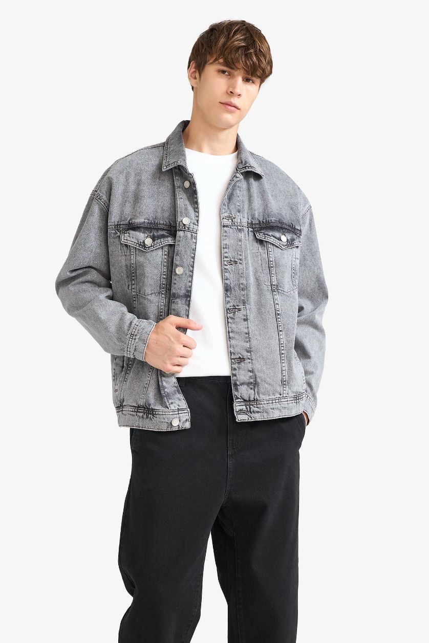 Erkek Açık Gri Oversize Geniş Kalıp Düğmeli Denim Ceket