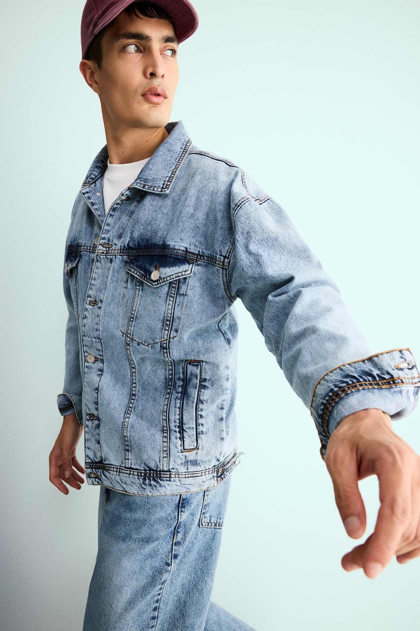 Erkek Açık Mavi Oversize Geniş Kalıp Düğmeli Denim Ceket