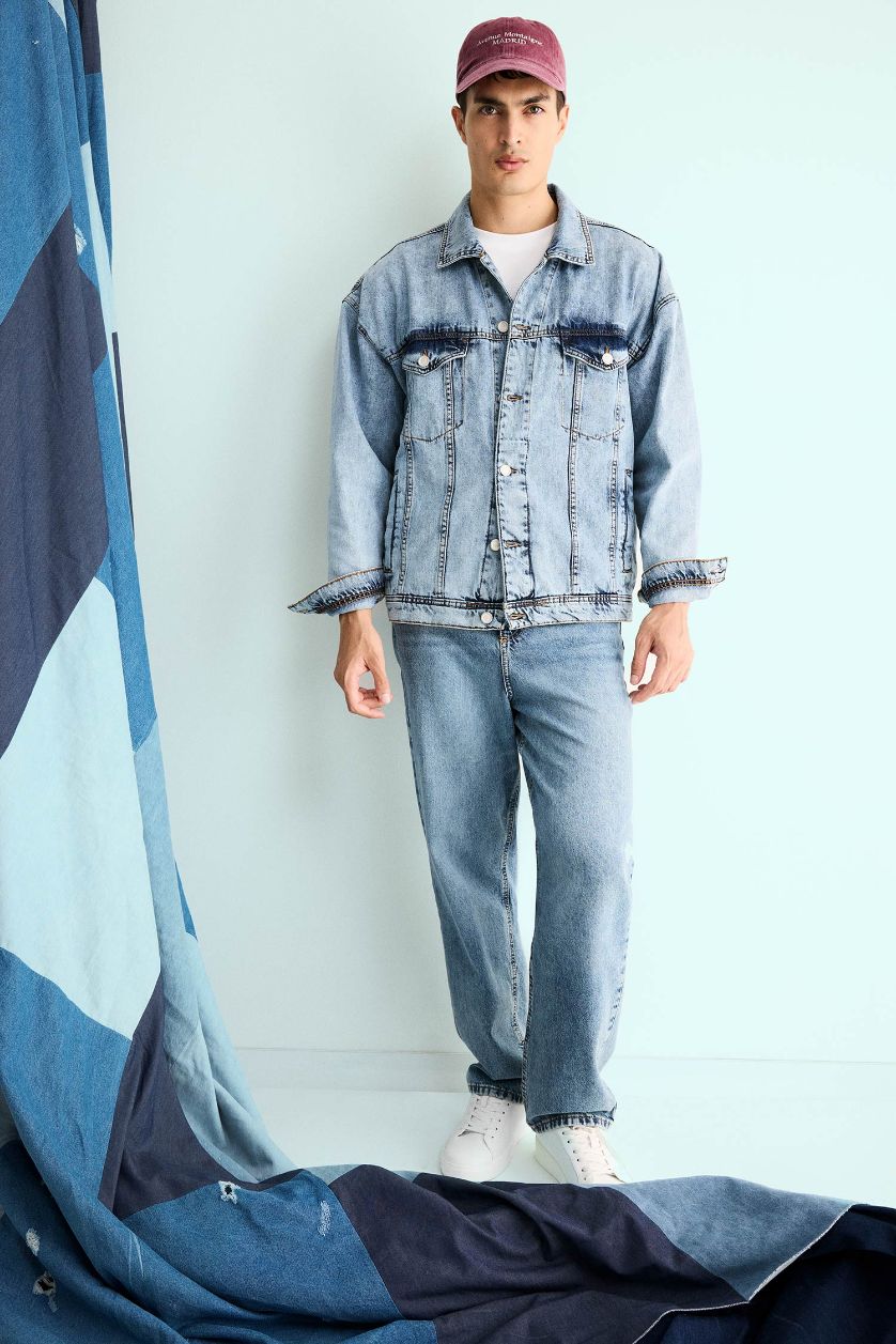 Erkek Açık Mavi Oversize Geniş Kalıp Düğmeli Denim Ceket