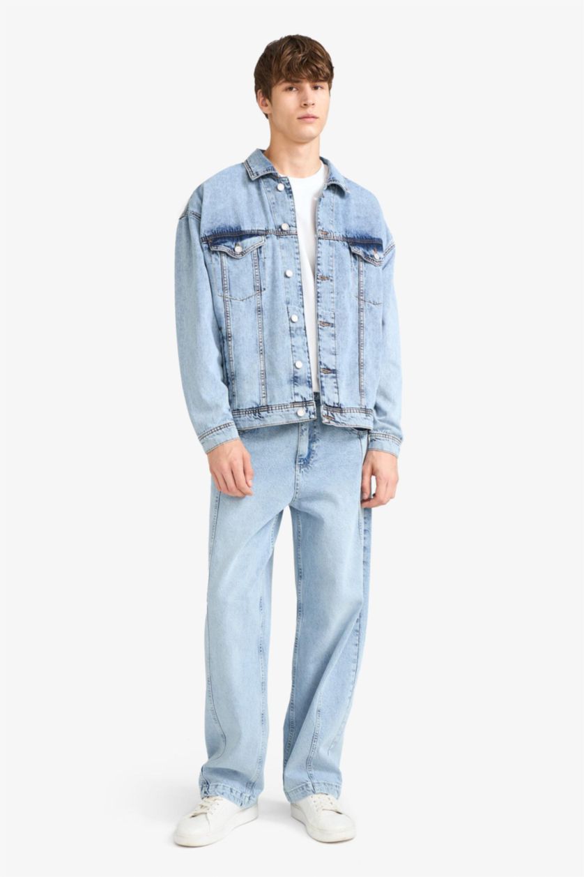 Erkek Açık Mavi Oversize Geniş Kalıp Düğmeli Denim Ceket