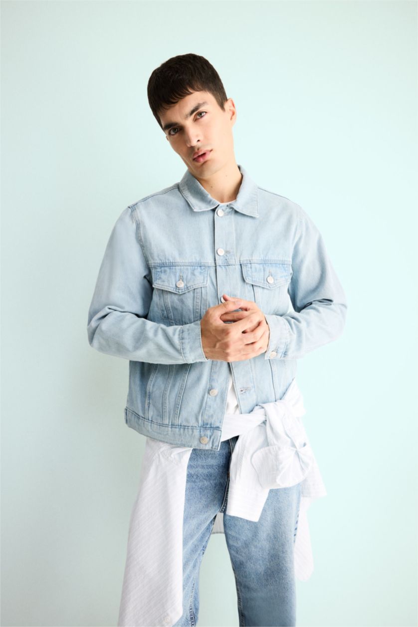 Erkek Açık Mavi Regular Fit Düğmeli Denim Ceket