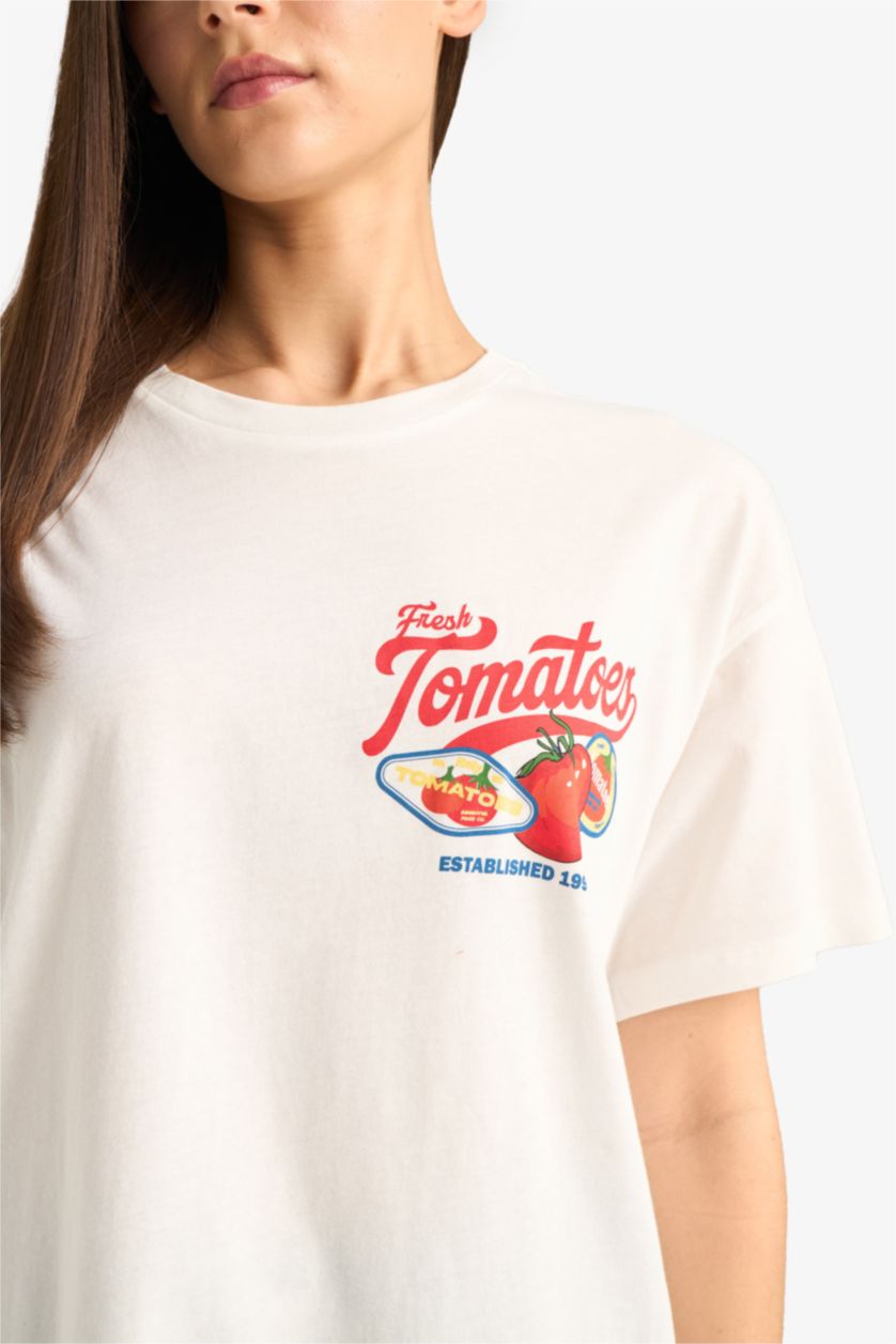 Kadın Kırık Beyaz %100 Pamuk Oversıze Baskılı Tişört