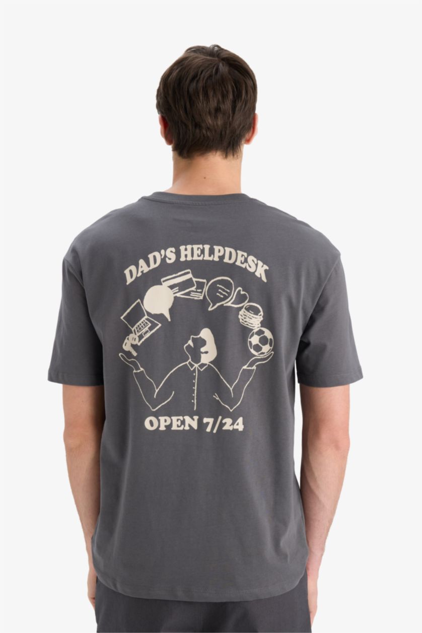 Erkek Koyu Antrasit %100 Pamuk Boxy Fit Bisiklet Yaka Sırt Baskılı Kısa Kollu Tişört