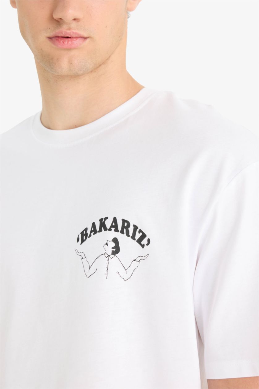 رجال أبيض تيشيرت نص ردن اوفر سايز قطن بطبعة من الخلف
