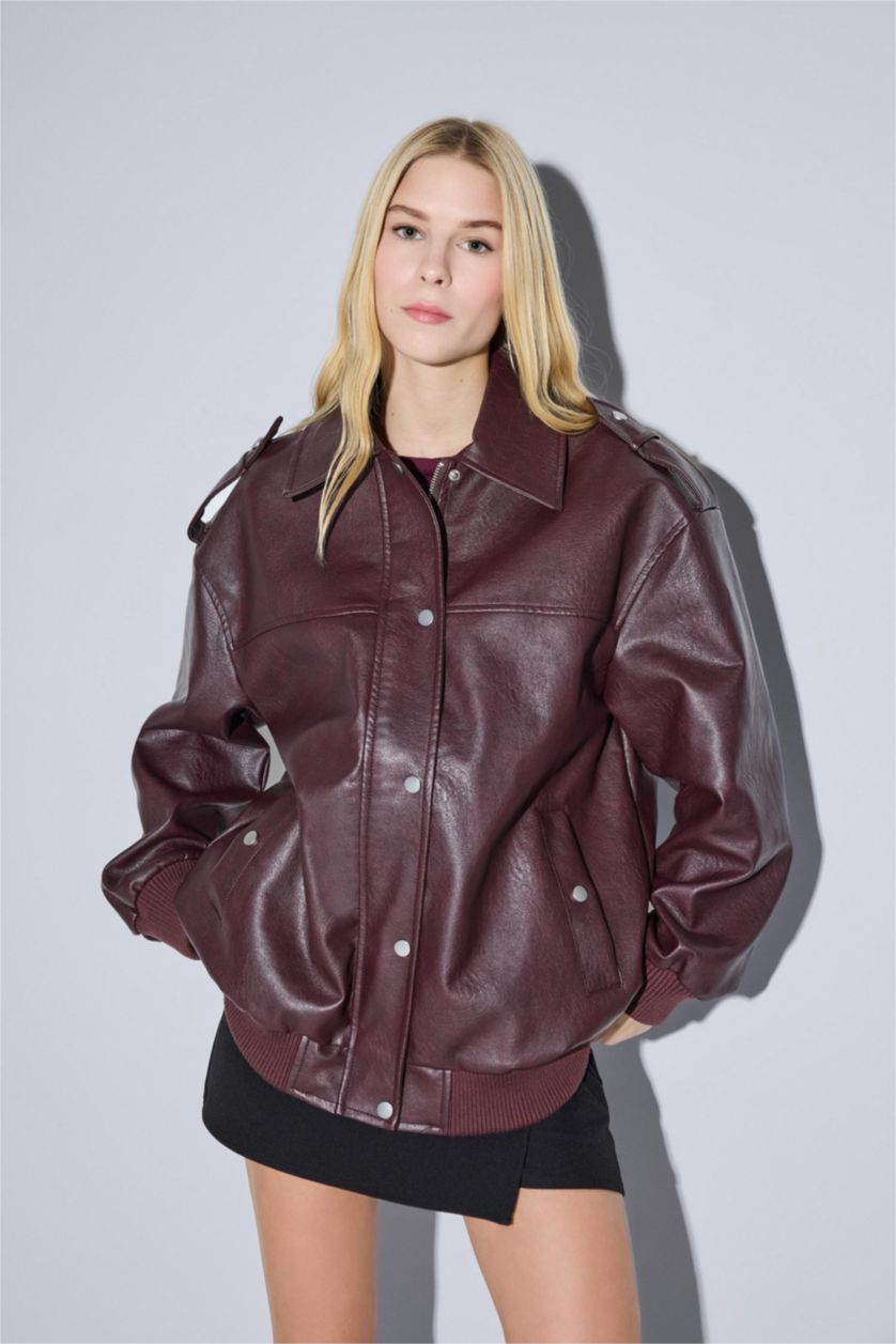 Kadın Bordo Dad Fit Polo Yaka Fermuarlı Suni Deri Mont