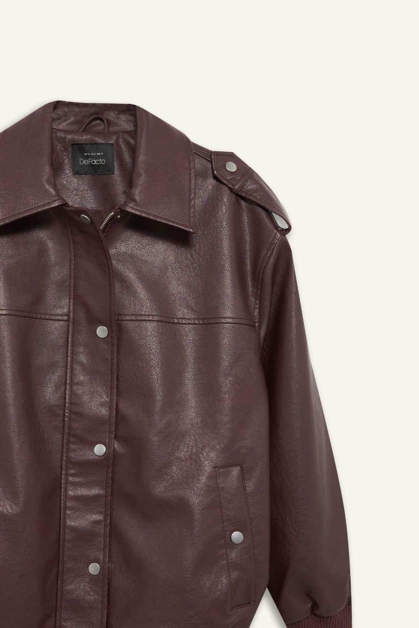 Kadın Bordo Dad Fit Polo Yaka Fermuarlı Suni Deri Mont