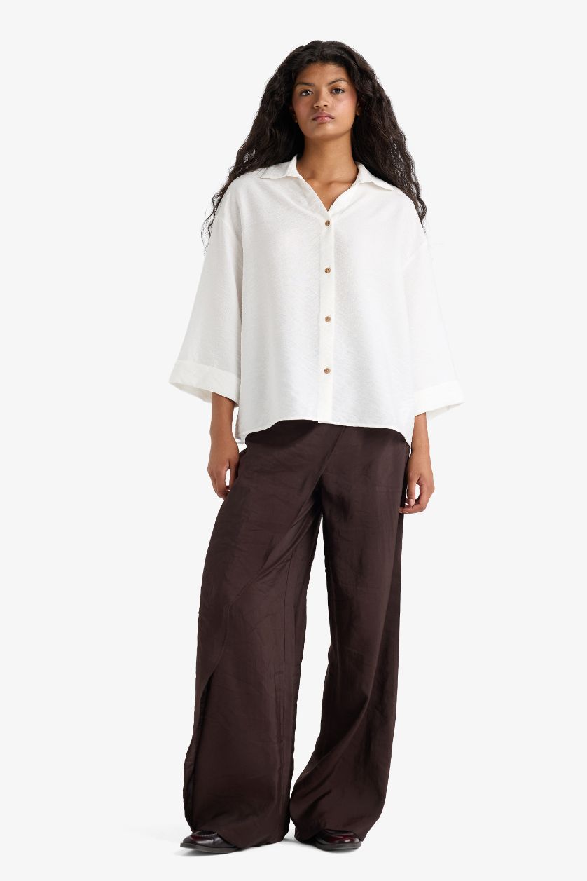 Kadın Ekru Overshırt Fıt Kaçık Yaka Uzun Kollu Gömlek