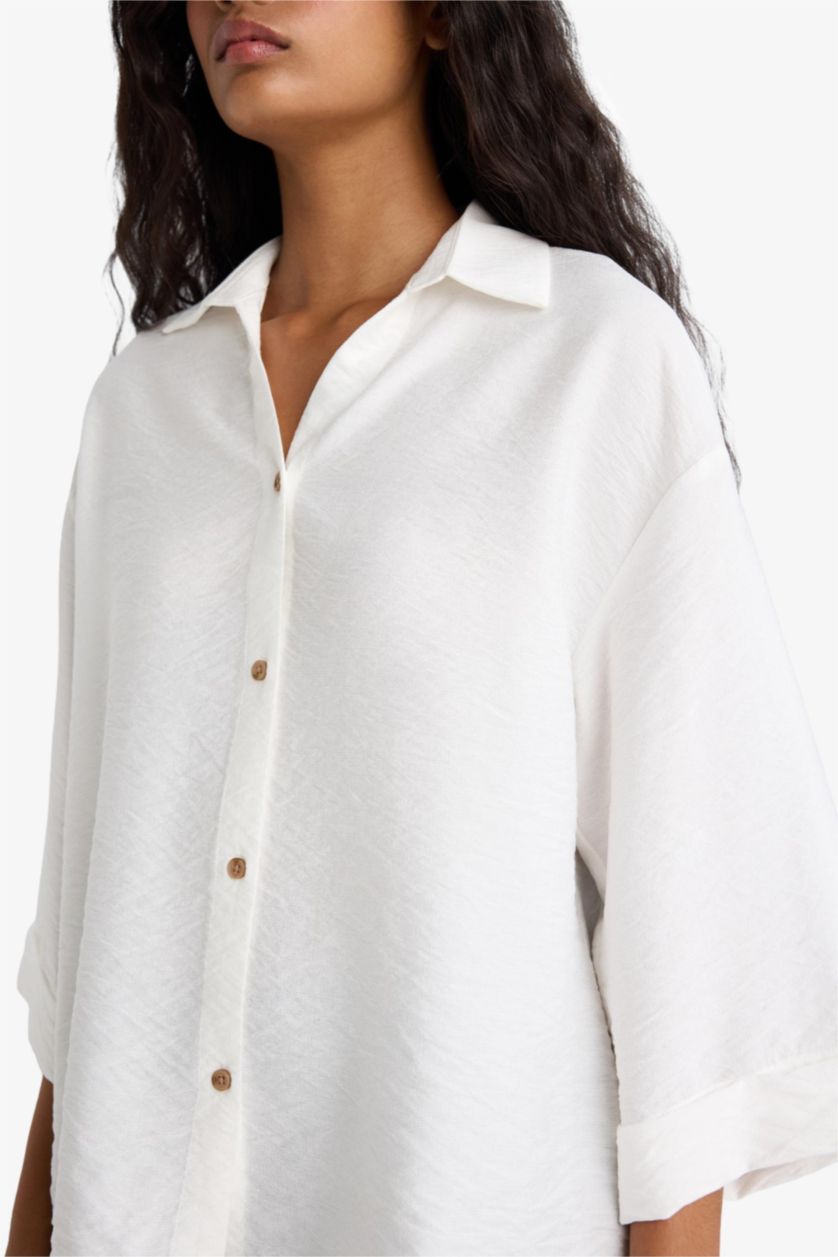 Kadın Ekru Overshırt Fıt Kaçık Yaka Uzun Kollu Gömlek