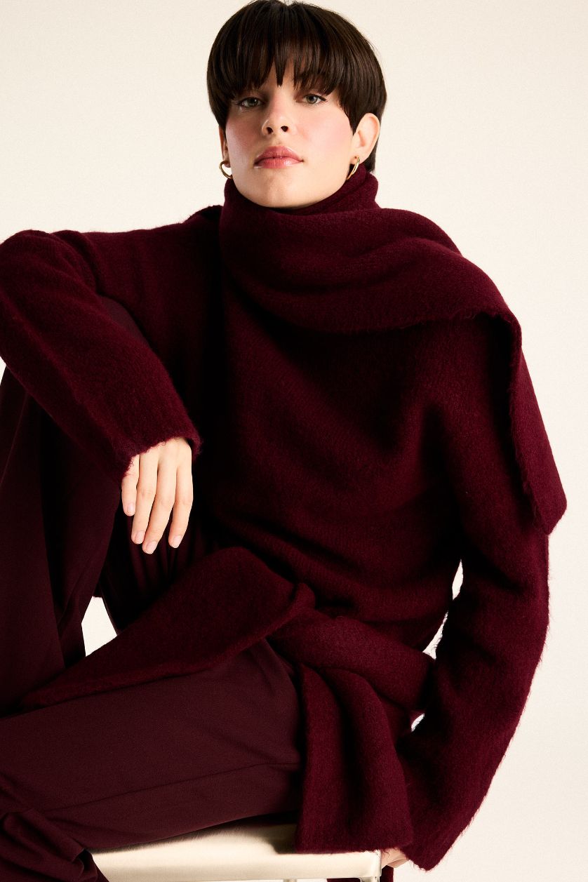 نساء خمري بلوز صوف قصة عادية بنص ياخة مدورة