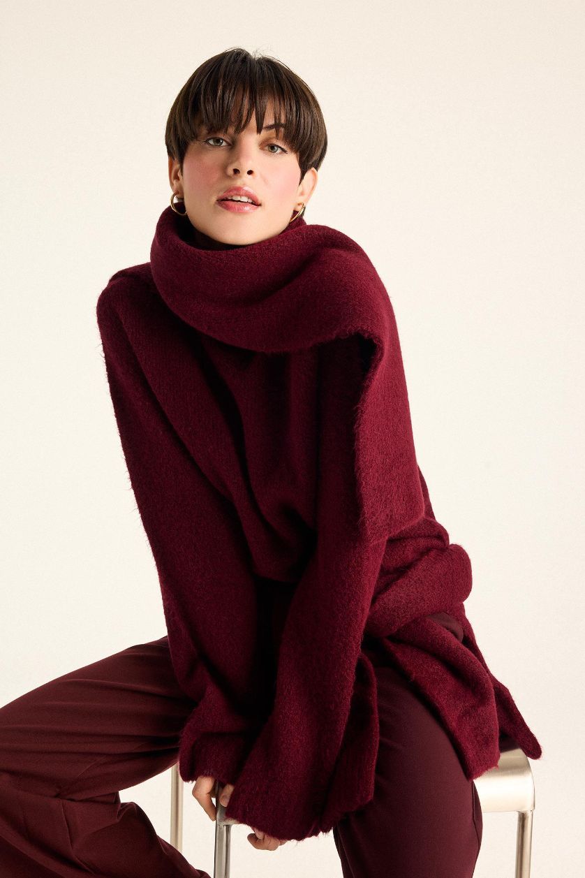 نساء خمري بلوز صوف قصة عادية بنص ياخة مدورة