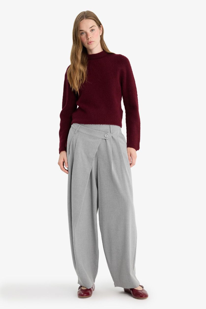 نساء خمري بلوز صوف قصة عادية بنص ياخة مدورة