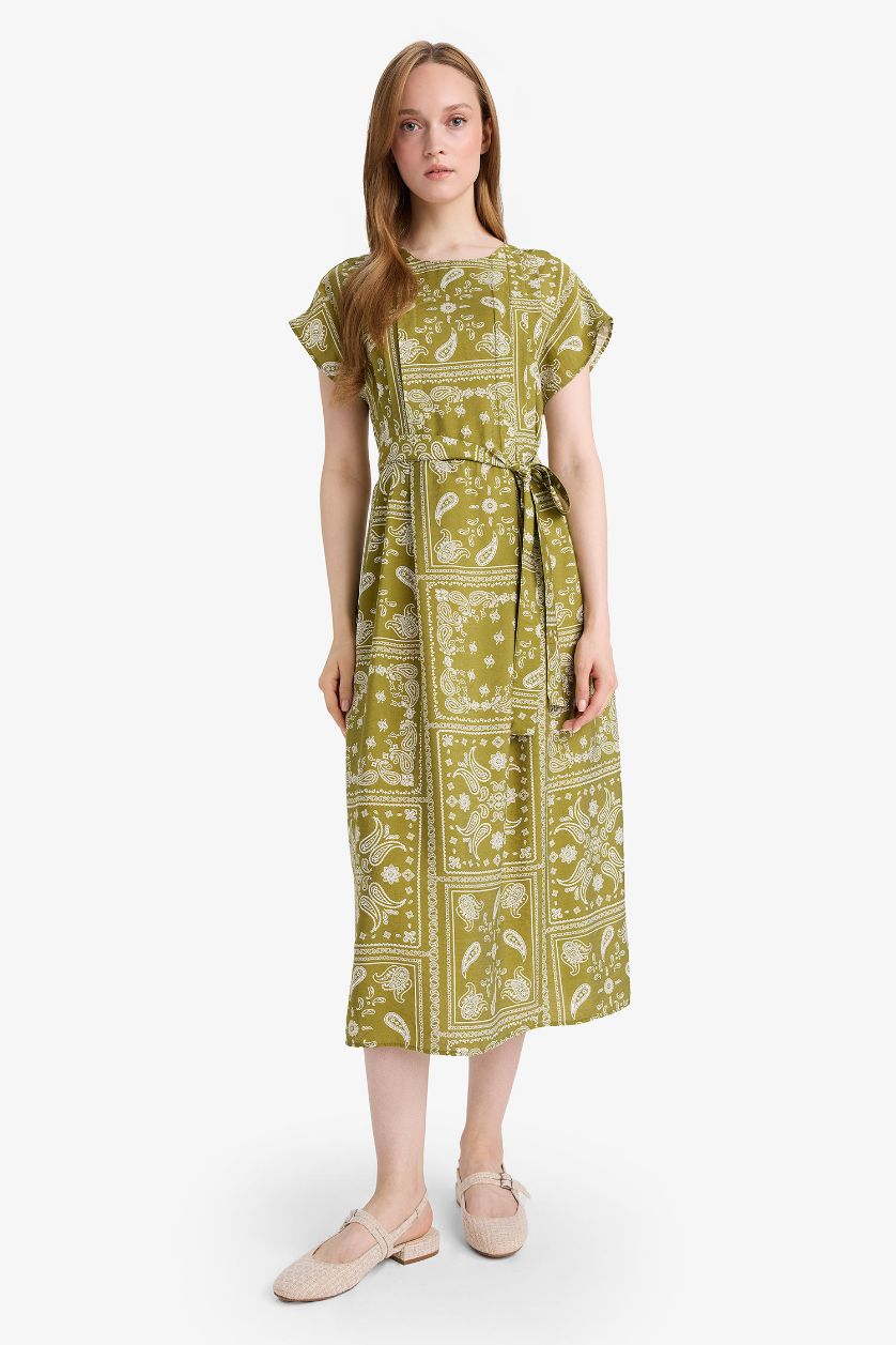 Kadın Haki A Kesim Yuvarlak Yaka Desenli Kısa Kollu Midi Elbise